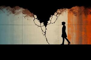 The silhouette of a broken lover walking in different directions. photo