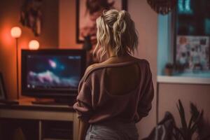 sad blonde woman back view in her room standing. photo