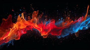 Paint drop. Ink water. Cold flame. Burning ice. Red orange blue color gradient glowing glitter fluid splash on dark black abstract art background. photo