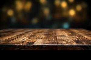 Wooden table with dark blurred background. photo