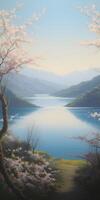 beautiful oil painting depicts a serene morning scene. photo