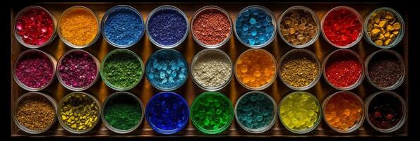 top view, aerial view, bowls of gemstones of the color of the rainbow. photo