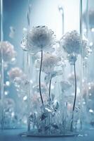 Translucent futuristic inorganic flowers, white background, behance, c4d, blender, OC renderer, dribble, high detail, 8k, studio lighting, art award, Cinema Lights. photo