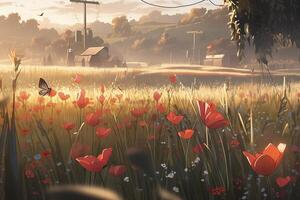 Natural landscape with blooming field of poppies at sunset. photo