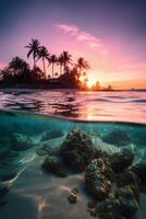 Photograph of beautiful inviting beach scene with pink sunset sky. photo