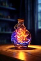 Glowing galaxy in a glass bottle. photo