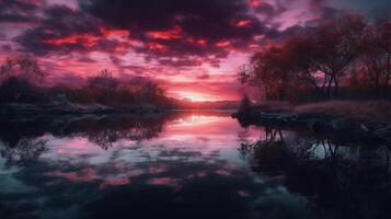 un escena en cuales el todo púrpura cielo es reflejado en el agua. ai generativo foto