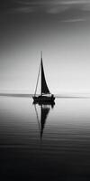 white image of a lone sailboat on a calm sea, photo