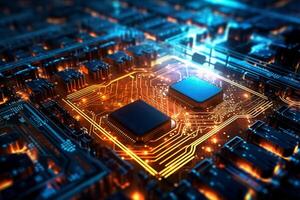 Digital technology circuit board as a futuristic and innovative background. photo