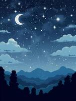 illustration of a moonlit night, with stars twinkling in the sky and clouds. photo