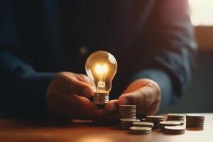 idea for save or investment. businessman holding lightbulb beside piggy bank and coins stacking on desk with note book. photo