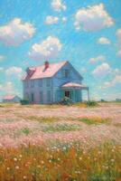 abstract painting in mint pink, pink wheat fields, field cottages, blue sky and white clouds. photo