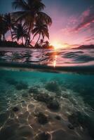fotografía de hermosa atractivo playa escena con rosado puesta de sol cielo. ai generativo foto