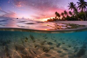 Photograph of beautiful inviting beach scene with pink sunset sky. photo