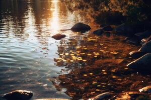 Lake, crisp radiant reflections, sunlight gleaming. photo