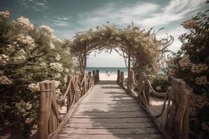 Photorealistic photo of a wooden path to the beach. Blue sky. plam trees, floral wedding arch white flowers.