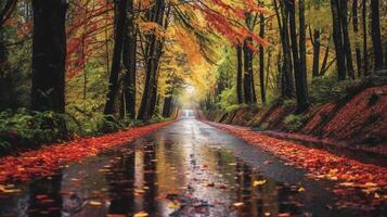 un hermosa largo la carretera en otoño temporada es forrado con arboles Llevando vistoso hojas. ai generativo foto