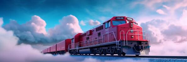 A train is traveling on lake, water surface reflects the sky. photo