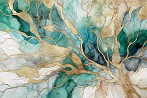 golden tree, green, light gray, and turquoise 3d abstract background,. photo