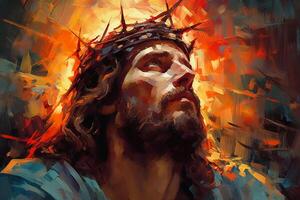 Jesus with a crown of thorns surrounded by glowing light Palette knife drawing. photo