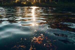 Lake, crisp radiant reflections, sunlight gleaming. photo