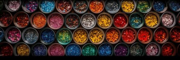 top view, aerial view, bowls of gemstones of the color of the rainbow. photo