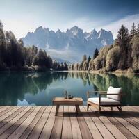 Lake with mountains and trees. photo