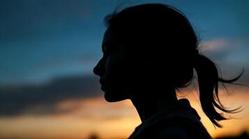 Side view, Silhouette of the face, a person, low angle, blurred fresh dawn sky. AI generative photo