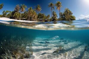 Photograph of beautiful inviting beach scene with blue sky. photo