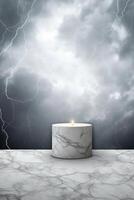 Marble table, white sky wall, grunge cloud texture background, soft blur product display poster design. photo