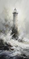 Massive Whitewater Smashes Into A White Lighthouse On A Foggy Day. photo