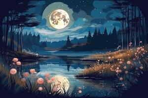 Night landscape environment harvest moon over a glittering lake lush vegetation birchwood trees, flowers, magical galaxy. photo