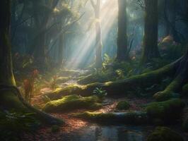 Glade in a cinematic magical forest. photo