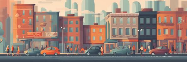 Flat 2d illustration city where people walking, some go to their work, cars on the road, high resolution. photo