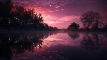 A scene in which the entire purple sky is reflected in the water. photo