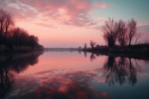 A scene in which the entire pink sky is reflected in the water. photo