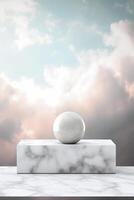 Marble table, white sky wall, grunge cloud texture background, soft blur product display poster design. photo