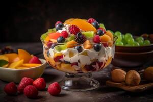 Colorful fruit salad in a glass bowl with different sliced fruits an whipped cream yogurt in a nice setup environment. photo