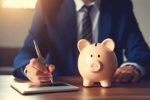 idea for save or investment. businessman holding lightbulb beside piggy bank and coins stacking on desk with note book. photo