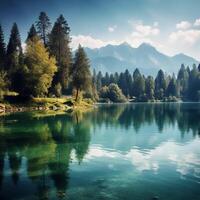 Lake with mountains and trees. photo