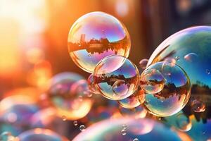 Soap bubbles against a blurred light background. photo