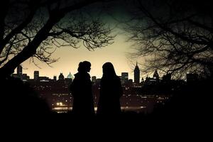 Silhouettes of two stargazing woman saying goodby, surrounded by trees and the contour of london city in the background. photo