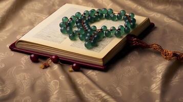 A Quran book with a prayer bead on top, symbolizing the importance of literature. photo