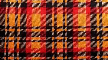 A vibrant red and yellow plaid fabric pattern up close. photo