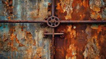 An old, weathered metal door with a rusty lock. photo