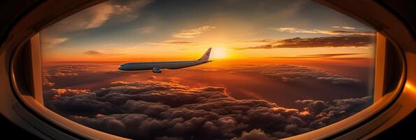 The view from the plane window to the sunset. Aerial view. photo