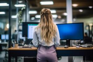 emocionado asiático personas espalda ver en el oficina de pie. ai generativo foto