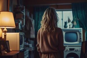 sad blonde woman back view in her room standing. photo