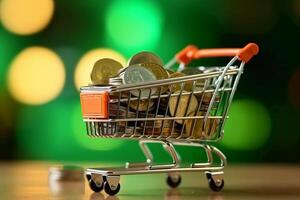 Finance and money concept. coins in shopping carts on light bokeh green background. photo