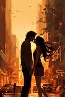 Lovely Sunset cityscape, New York, tan bruennte woman and brown haired white man kissing. photo